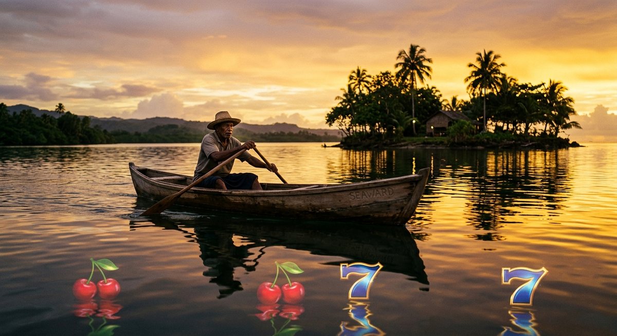 Nelayan mendayung perahu kayu melewati dua pulau tropis kecil saat senja keemasan dengan pantulan cahaya kuning dan simbol ceri serta tujuh berkilau di air