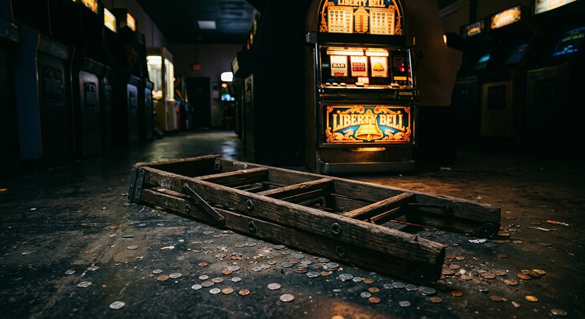 Tangga kayu tua tergeletak di lantai arcade gelap dengan koin berhamburan dan gulungan mesin slot menyala simbol BAR dan bel di latar belakang