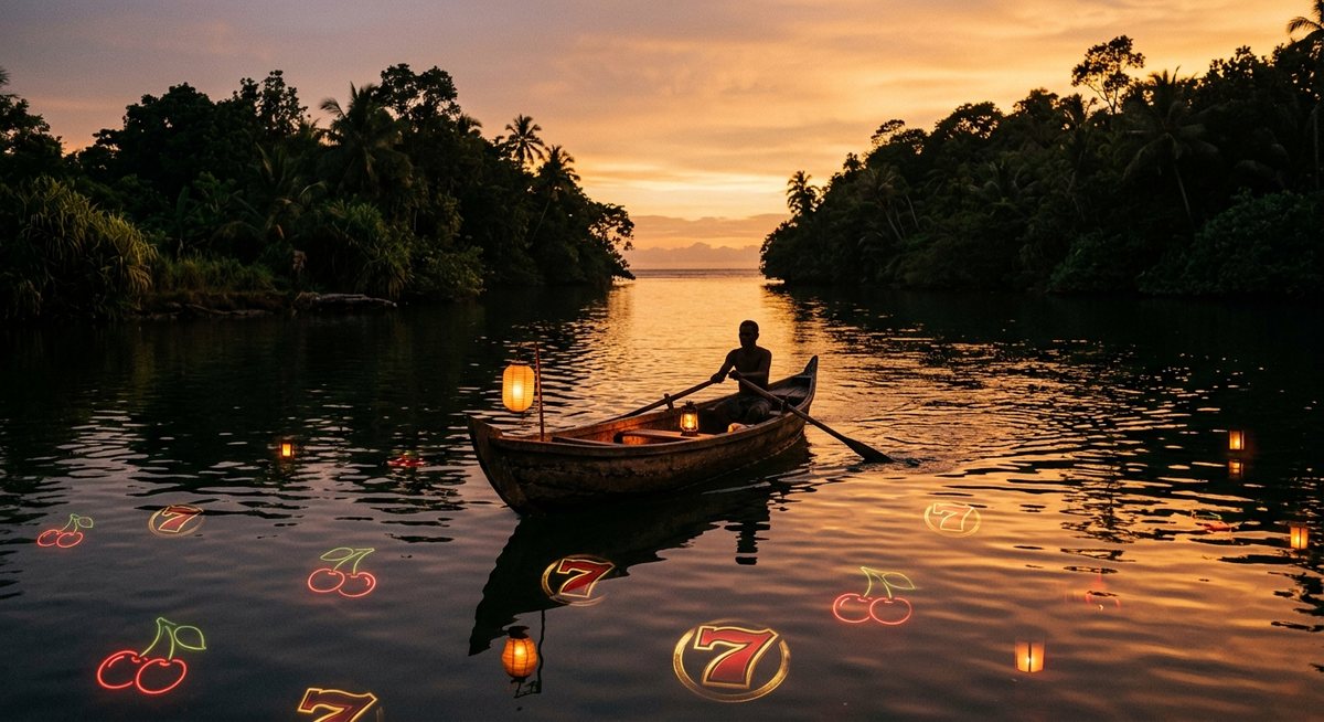 Perahu kayu tradisional mendayung di sungai tenang antara dua pulau kecil tropis saat senja, pantulan lampu kuning dan kilau samar simbol ceri serta tujuh di permukaan air