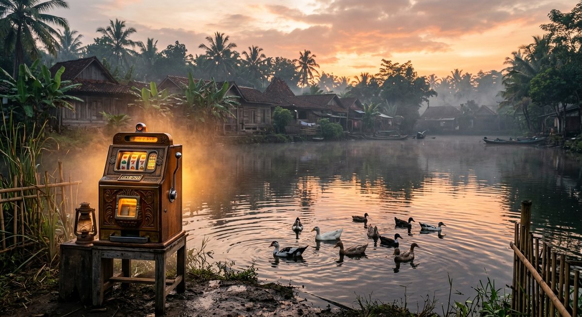 Matahari terbit di atas kolam desa Jawa dengan bebek-bebek berenang dan kabinet mesin slot antik menyala hangat kuning di tepi air berkabut tipis